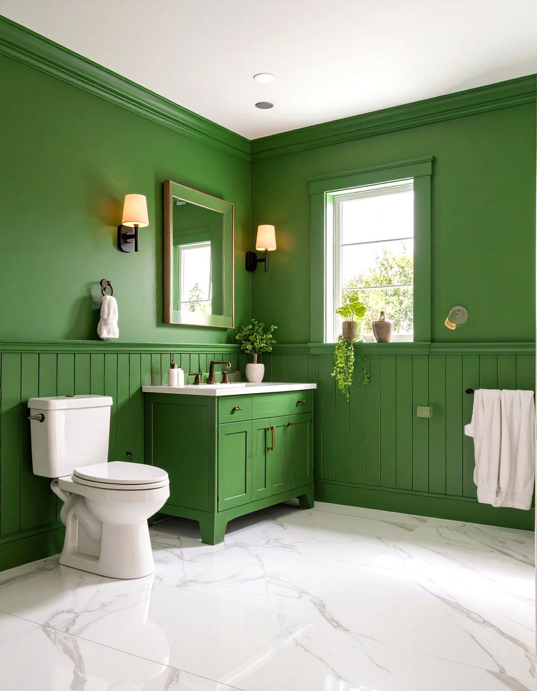 Board and Batten Wainscoting Painted Green in a Powder Room - 20 Green Powder Room Ideas