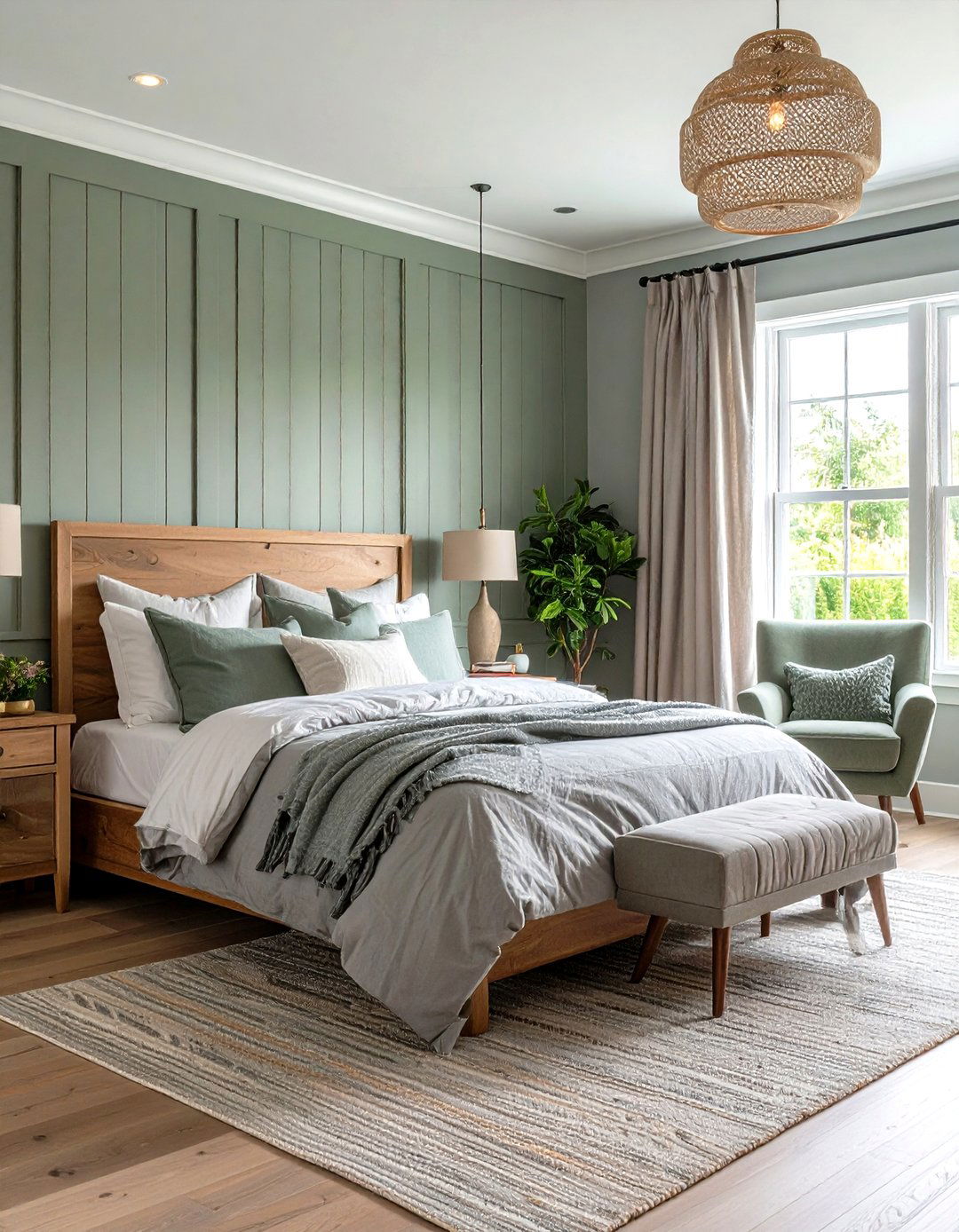 Board and Batten Wainscoting - 20 Sage Green and Grey Bedroom Ideas