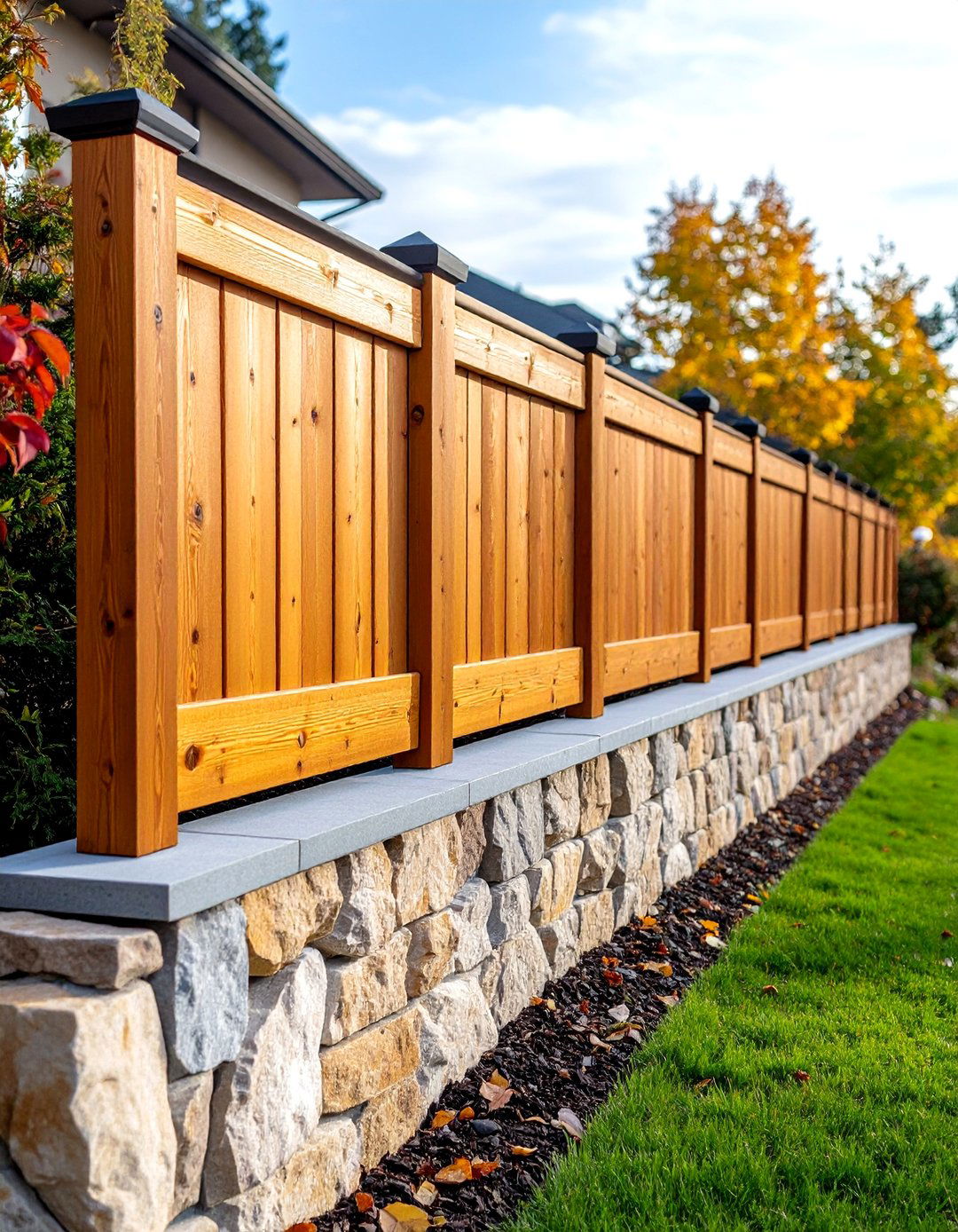 Board on Board Fence with Stone Retaining Wall - 20 Board on Board Fence Ideas