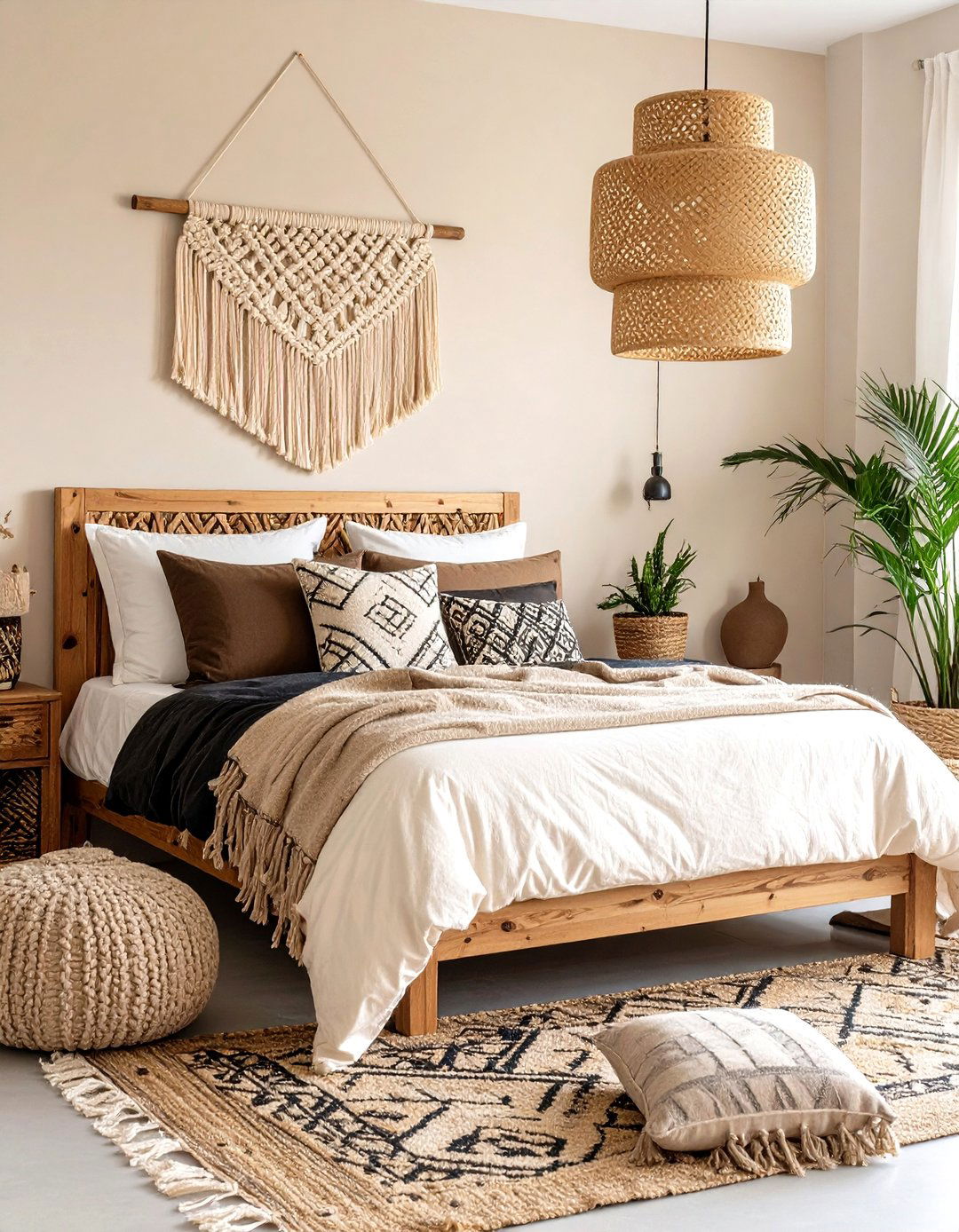 Bohemian Beige Layers with Black Pattern Pops - 20 Black and Beige Bedroom Design Ideas