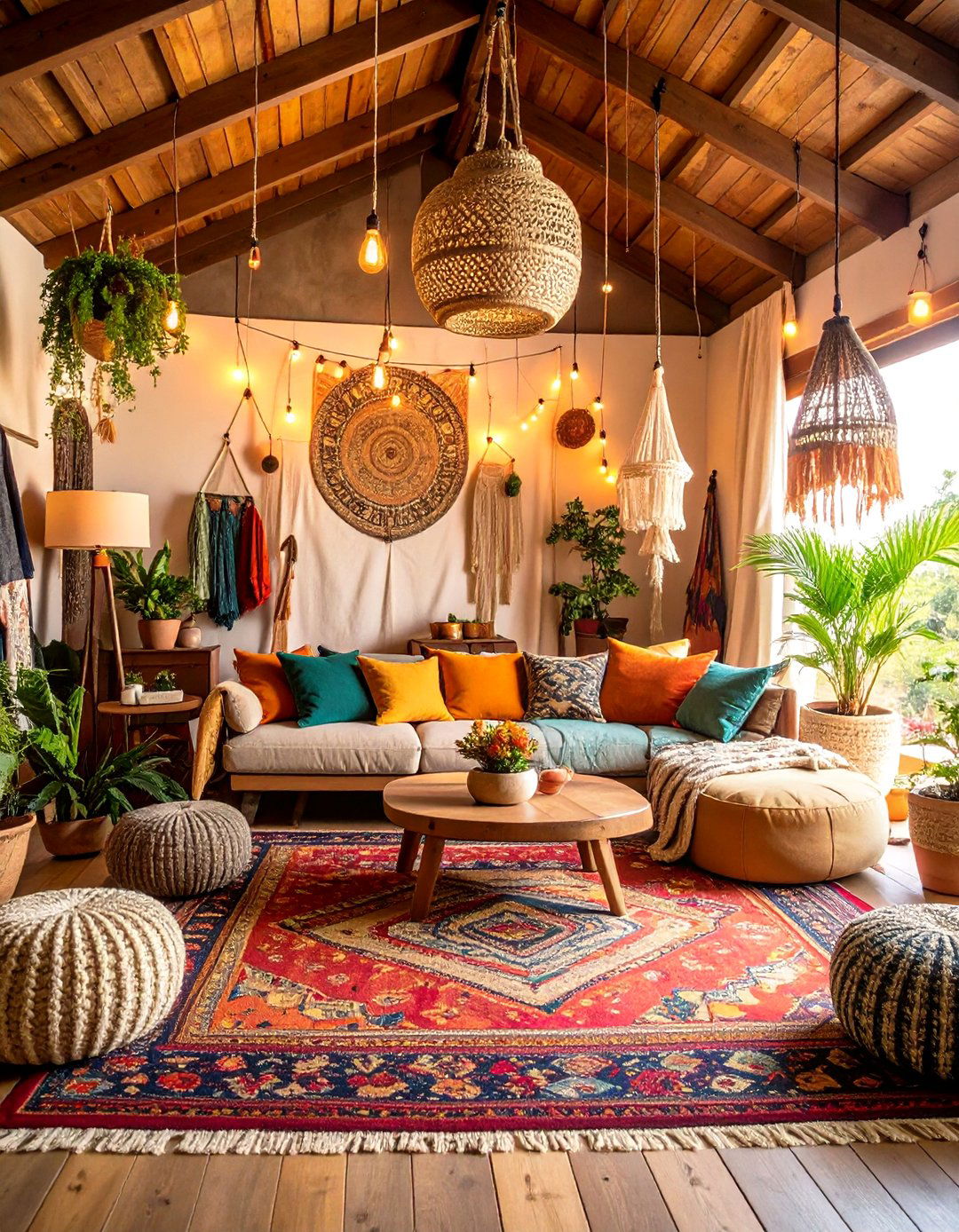 Bohemian Eclectic Living Room Vaulted Ceiling with Layered Textures - 20 Living Room Vaulted Ceiling Ideas