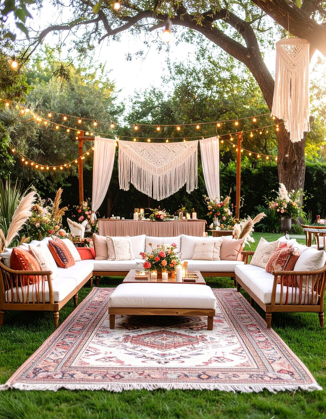 Bohemian Garden Wedding Reception with Vintage Rugs - 20 Wedding Reception Ideas