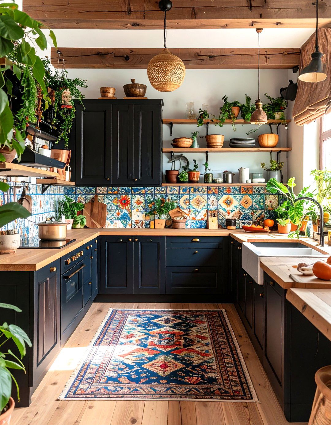 Bohemian Kitchen With Black Cabinets And Mixed Wood Countertops - 20 Kitchen With Black Cabinets And Wood Countertops Ideas