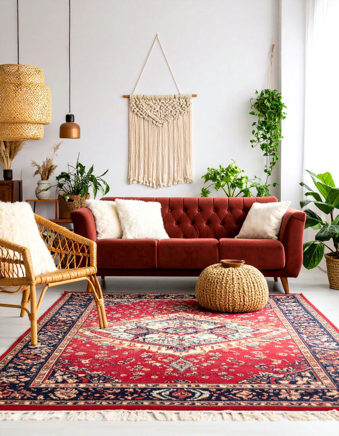 Bohemian Layered Eclectic - 20 Burgundy Sofa Living Room Ideas