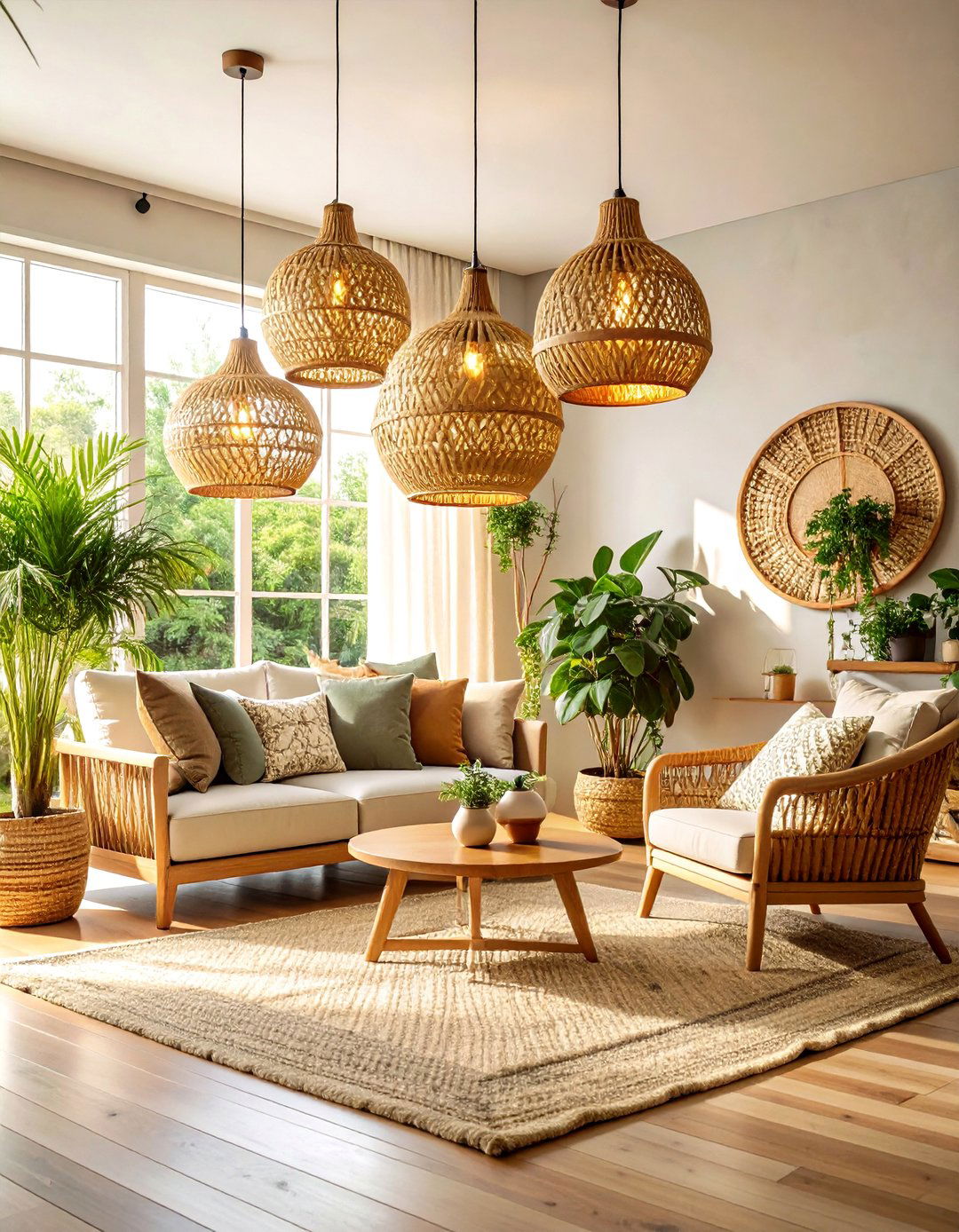 Bohemian Living Room Ceiling Lighting with Woven Pendant Clusters - 20 Living Room Ceiling Lighting Ideas