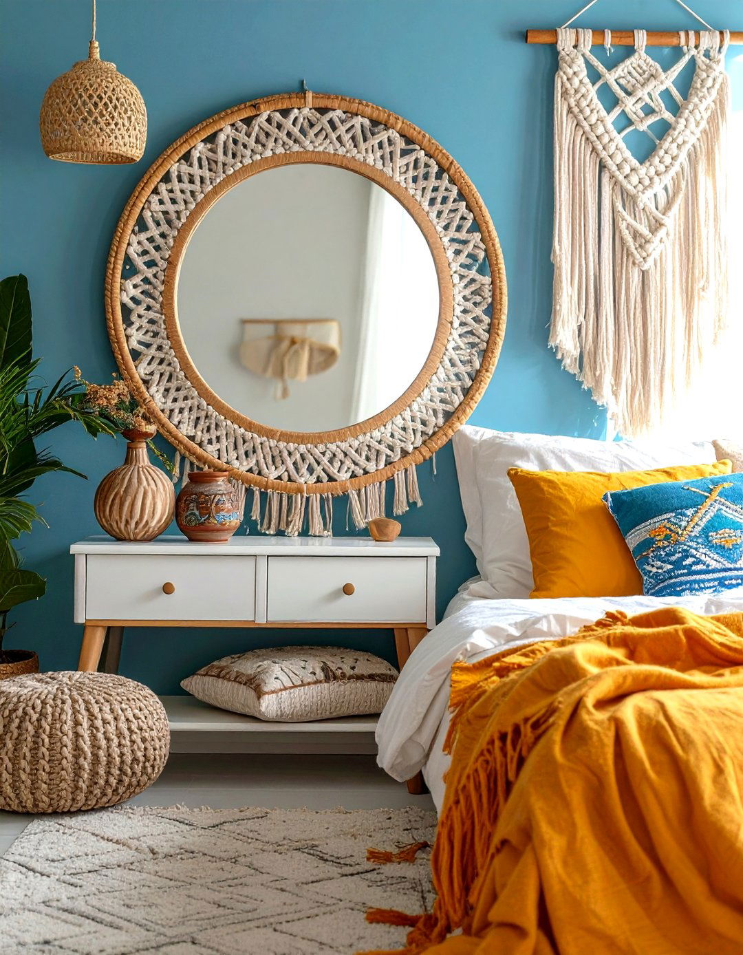Bohemian Macrame Framed Mirror Behind Nightstand Style - 20 Mirror Behind Nightstand Design Ideas