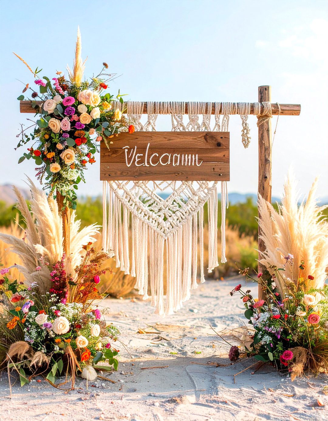 Bohemian Macrame Wedding Welcome Sign with Dried Flower Accents - 20 Wedding Welcome Sign Ideas