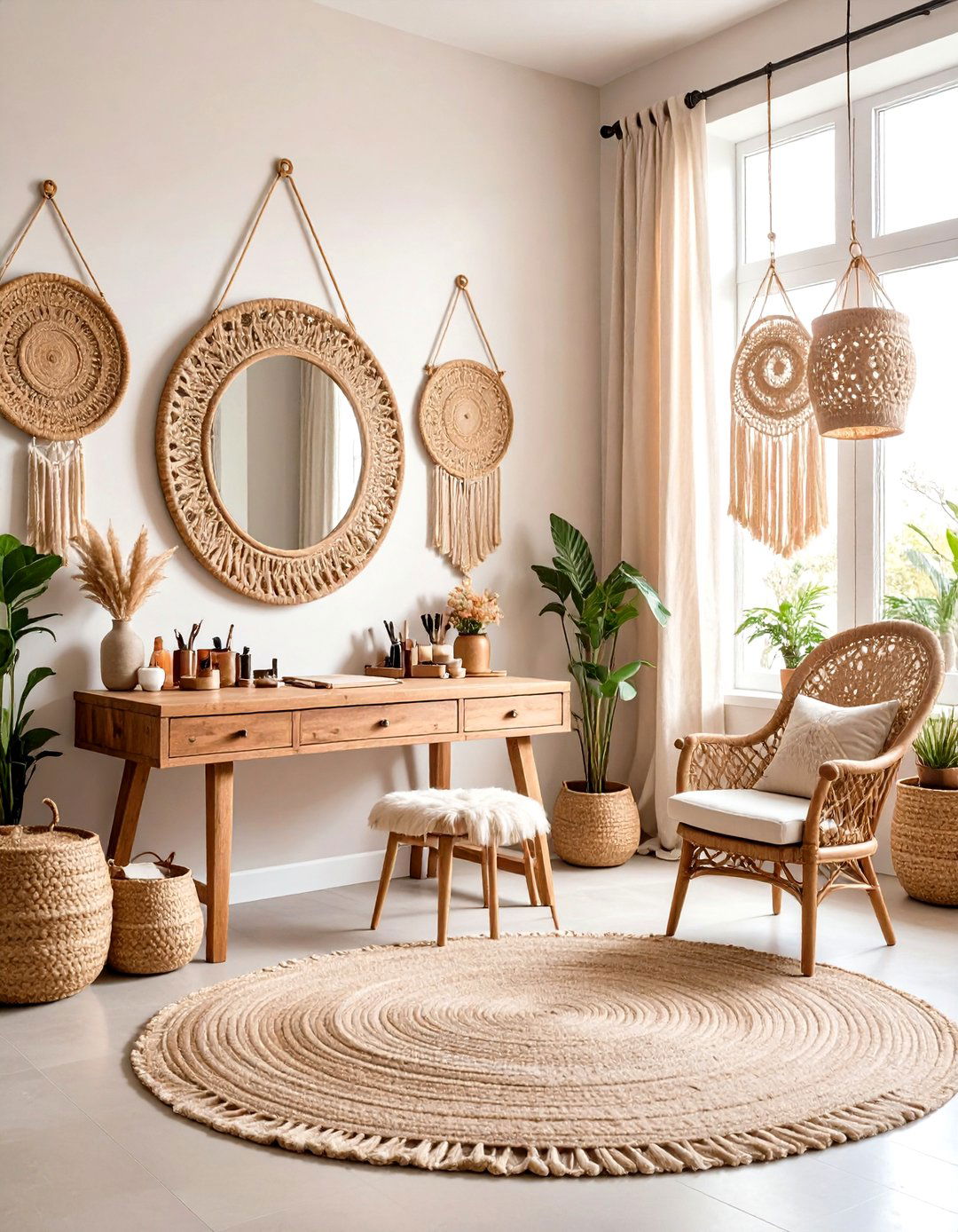 Bohemian Oasis Makeup Room with Natural Textures - 20 Makeup Room Ideas