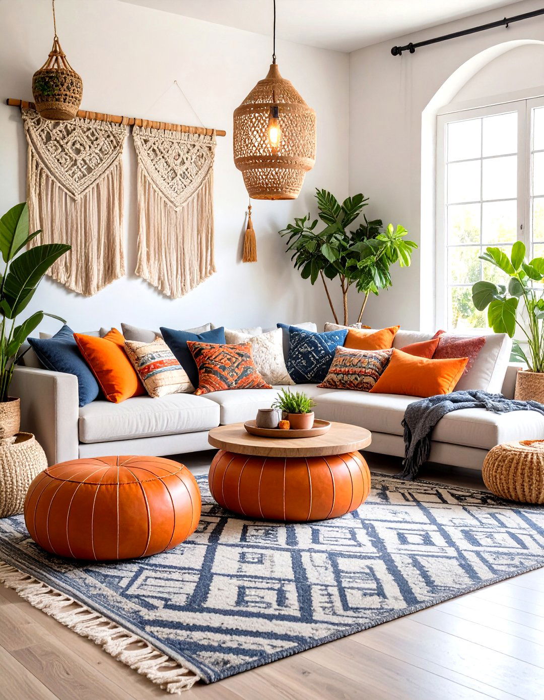 Bohemian Orange and Grey Living Room with Global Textures - 20 Orange and Grey Living Room Ideas