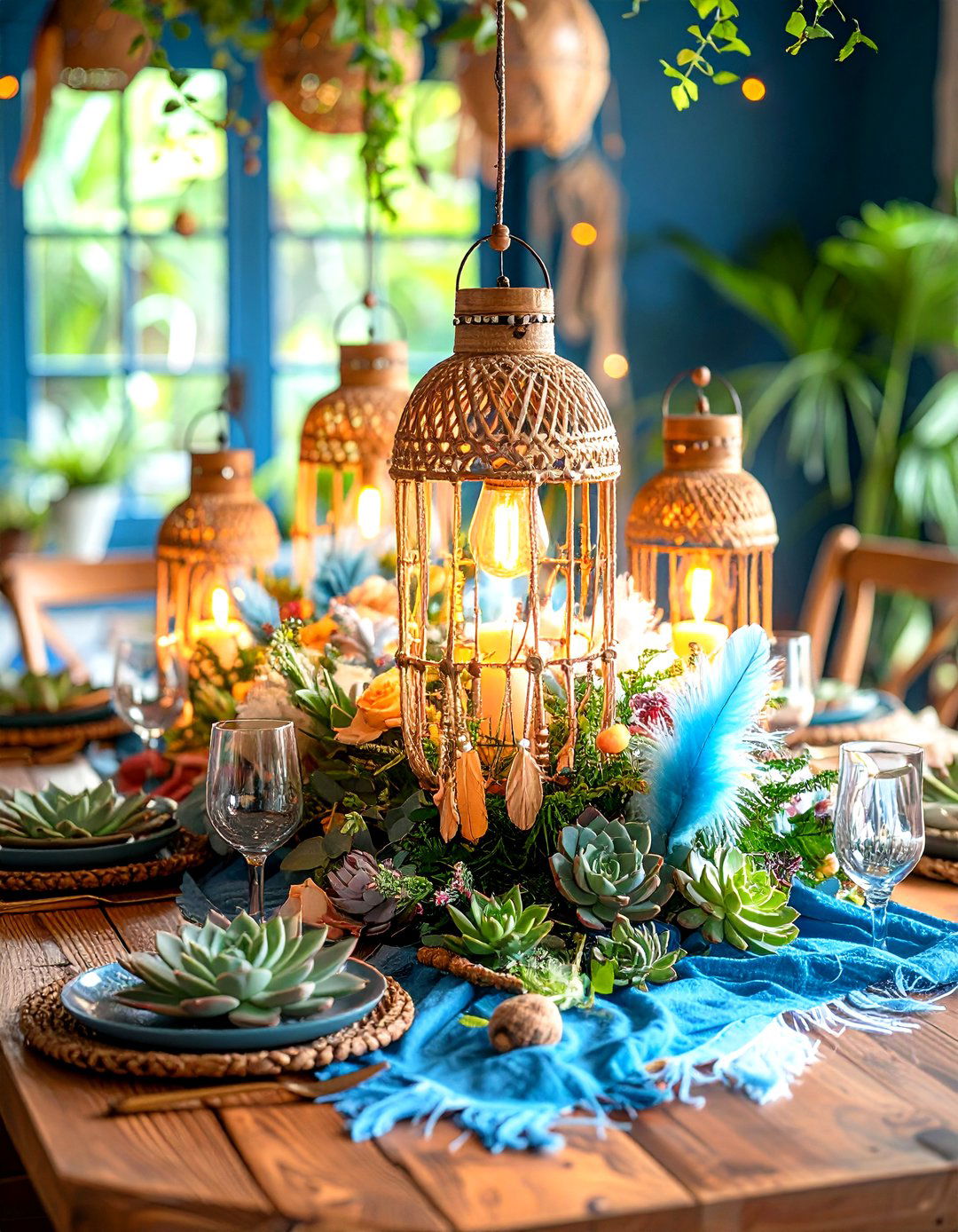 Bohemian Rattan Lantern Centerpiece with Feather and Bead Details - 20 Lantern Centerpiece Ideas