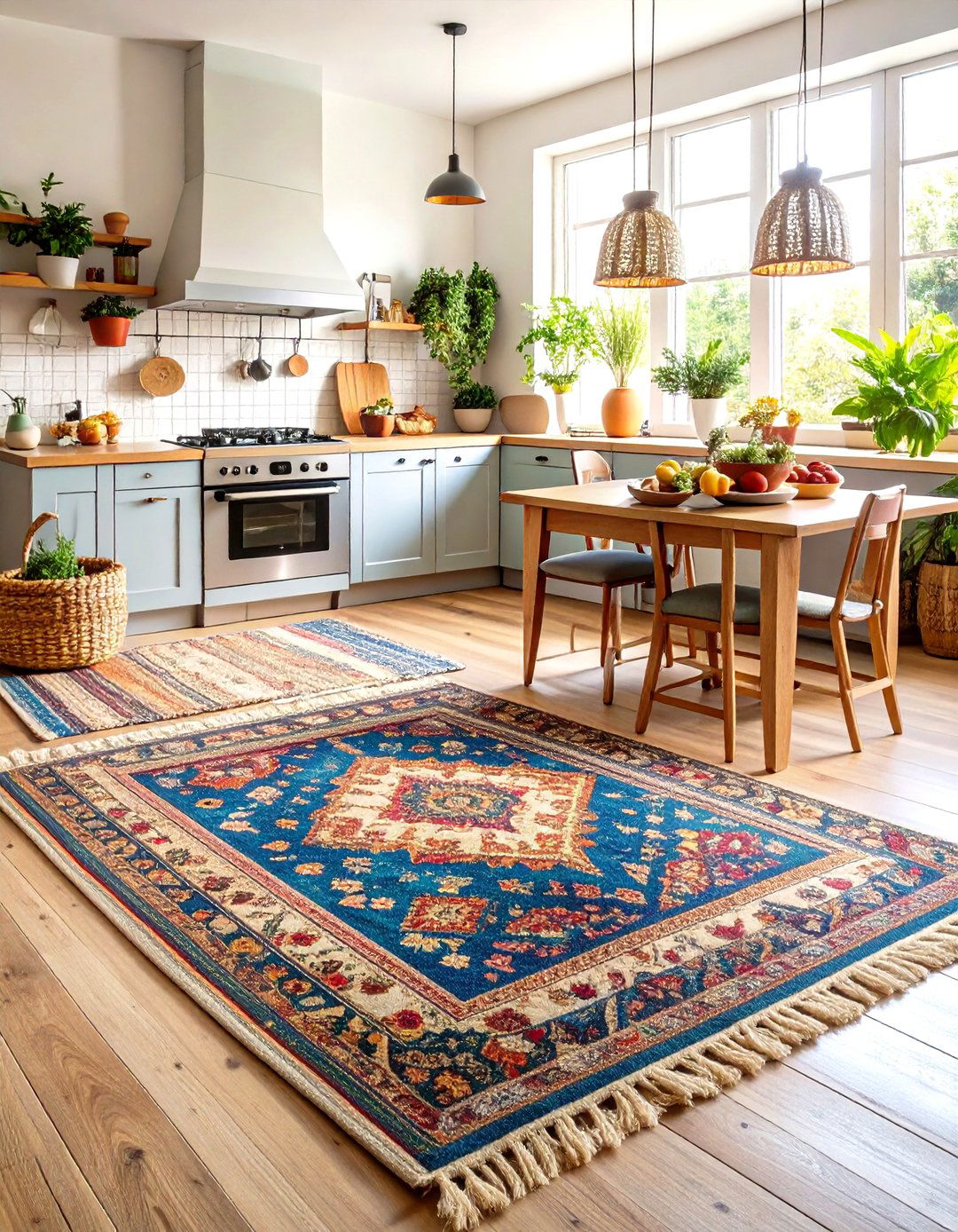 Bohemian Rug Layering Adds Cozy Kitchen Texture - 20 Eclectic Kitchen Ideas