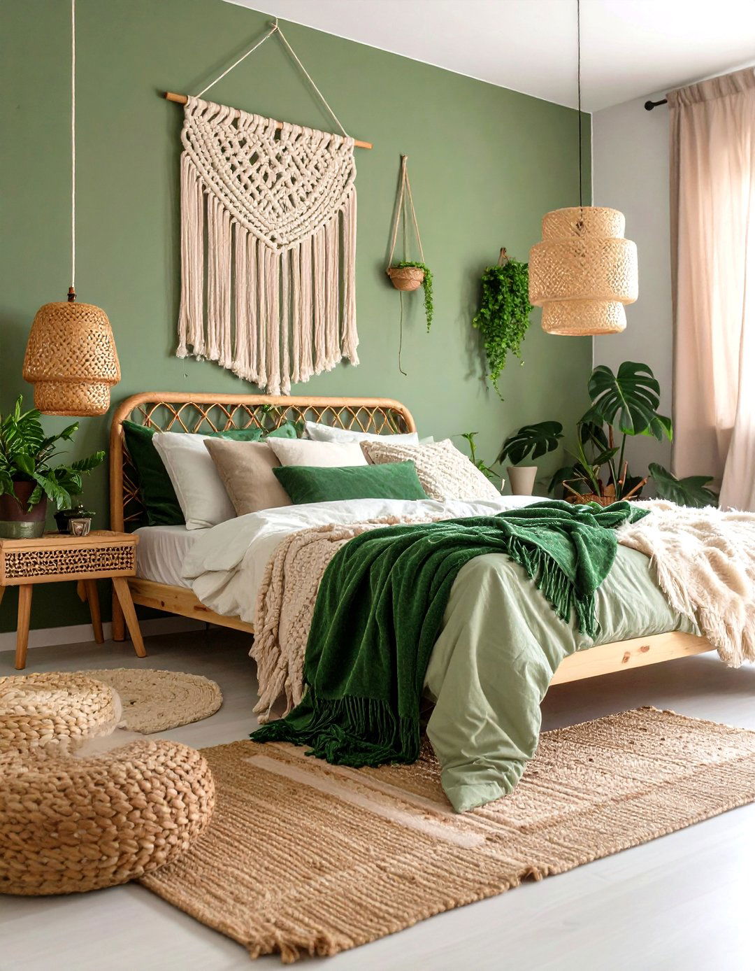 Bohemian Textures in a Green and Beige Bedroom - 20 Green and Beige Bedroom Ideas