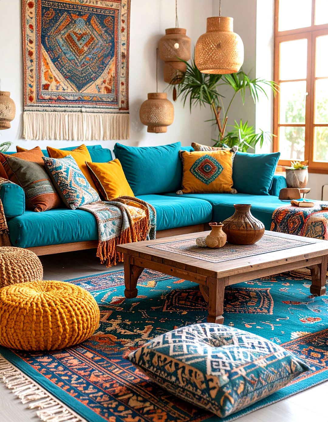 Bohemian Turquoise Textiles - 20 Turquoise Living Room Ideas