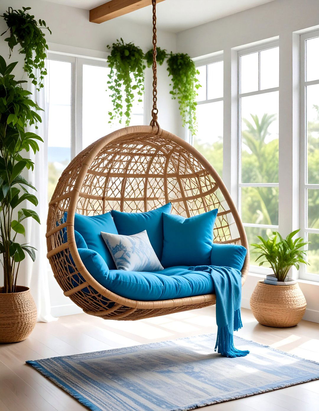 Boho Beach Bedroom Hanging Rattan Swing Chair - 20 Boho Beach Bedroom Ideas