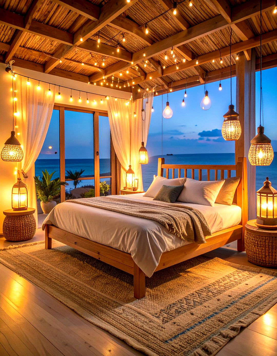 Boho Beach Bedroom String Light Ambiance - 20 Boho Beach Bedroom Ideas