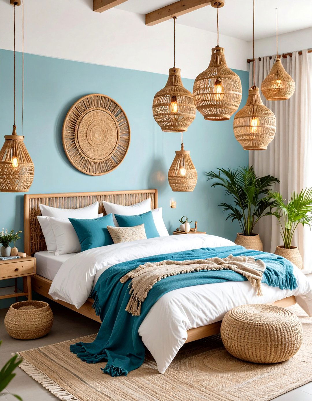 Boho Beach Bedroom Woven Pendant Light Cluster - 20 Boho Beach Bedroom Ideas