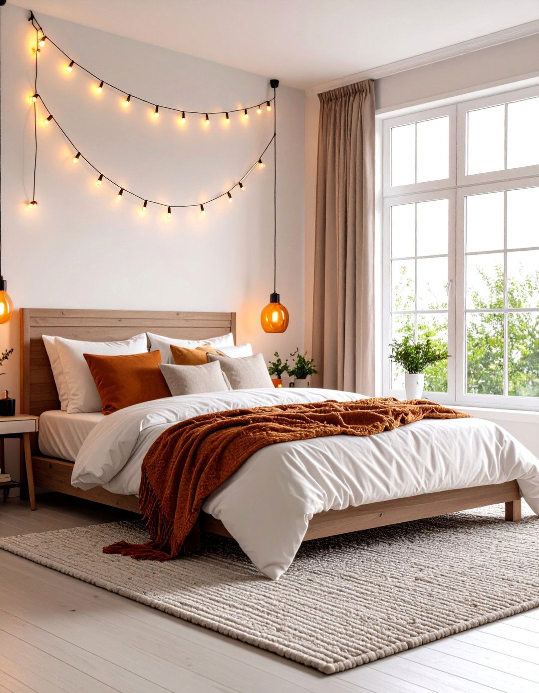 Boho Burnt Orange Bedroom with Ambient String Lighting and Warm Illumination - 20 Boho Burnt Orange Bedroom Ideas