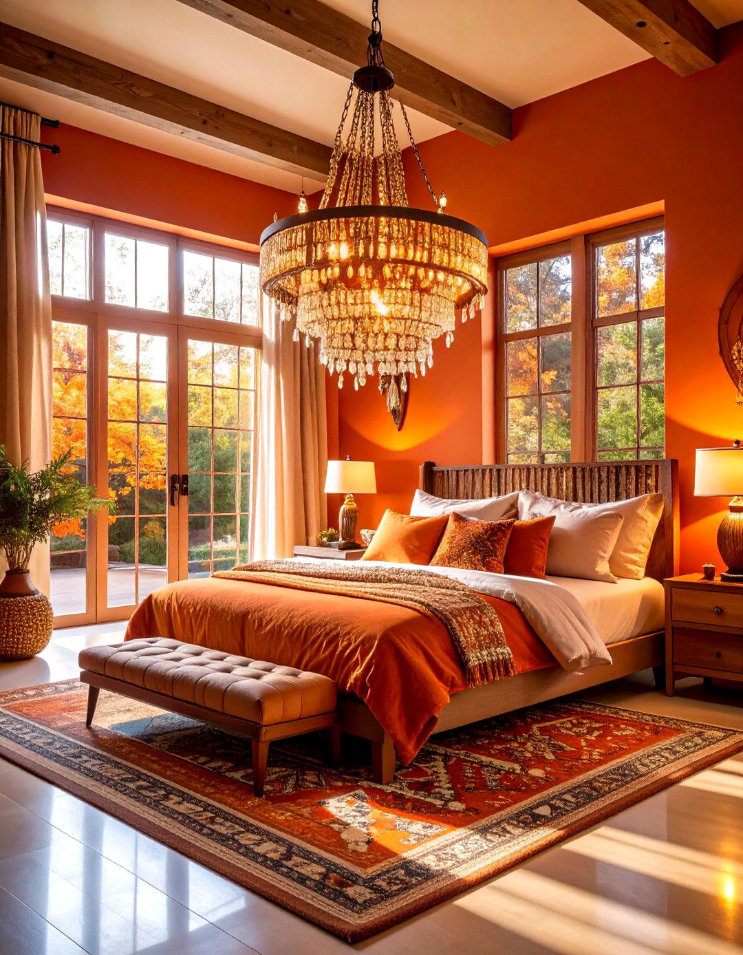 Boho Burnt Orange Bedroom with Beaded Chandeliers and Statement Lighting - 20 Boho Burnt Orange Bedroom Ideas