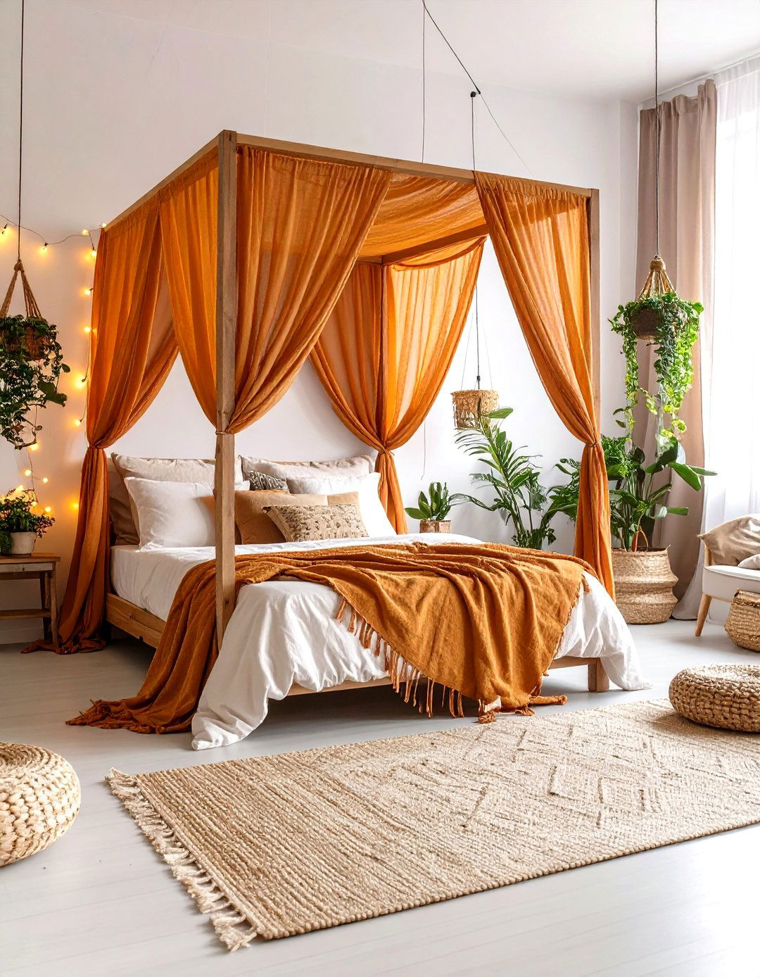 Boho Burnt Orange Bedroom with Canopy Bed and Flowing Fabrics - 20 Boho Burnt Orange Bedroom Ideas
