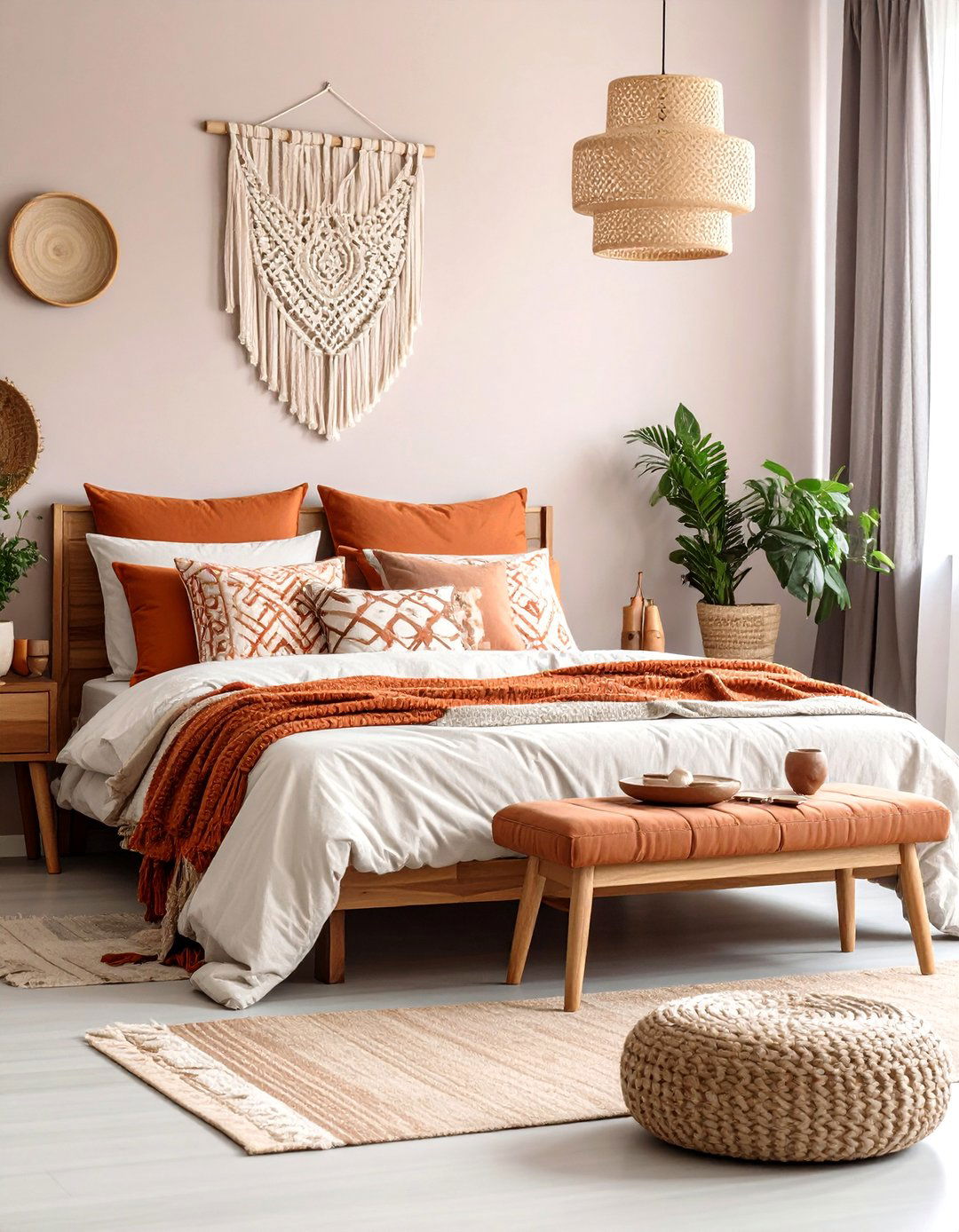 Boho Burnt Orange Bedroom with Geometric and Organic Pattern Mixing - 20 Boho Burnt Orange Bedroom Ideas