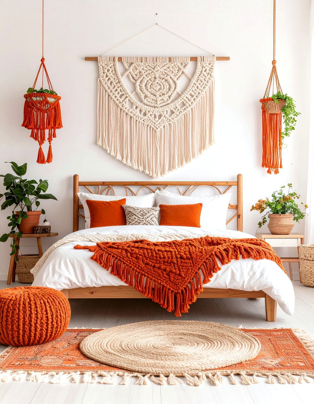 Boho Burnt Orange Bedroom with Layered Macrame Textiles - 20 Boho Burnt Orange Bedroom Ideas