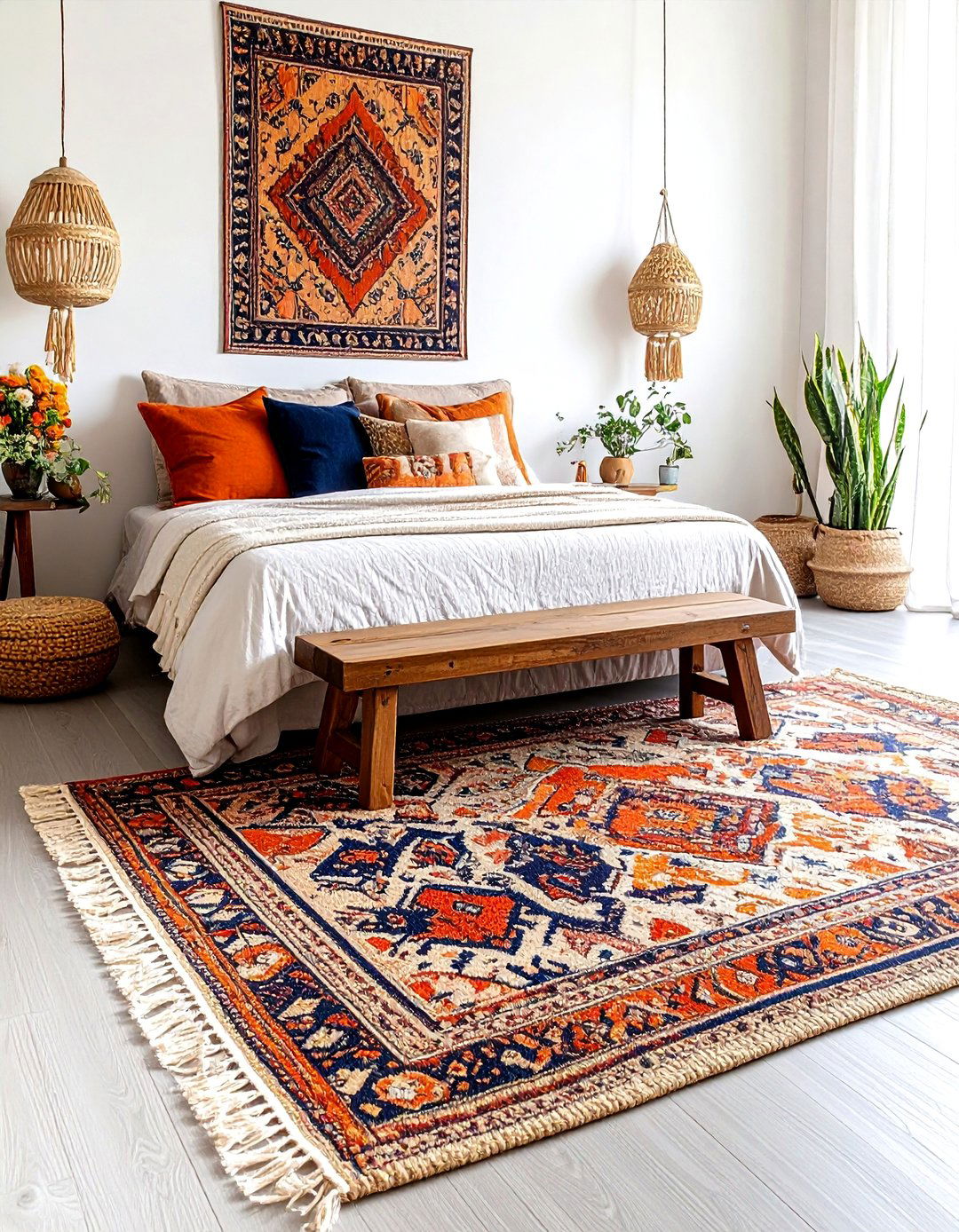 Boho Burnt Orange Bedroom with Layered Rugs and Floor Textures - 20 Boho Burnt Orange Bedroom Ideas