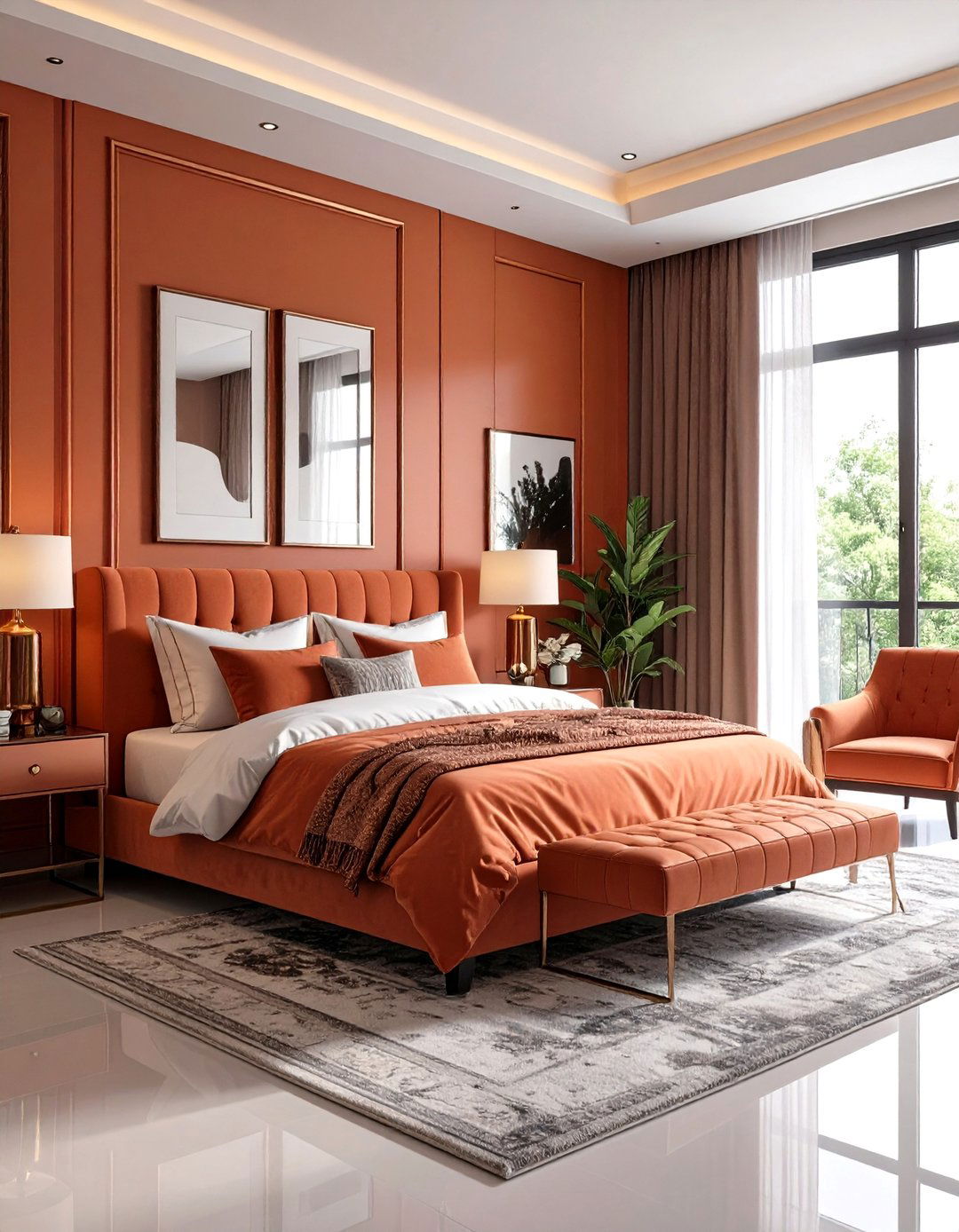 Boho Burnt Orange Bedroom with Metallic Copper and Brass Accents - 20 Boho Burnt Orange Bedroom Ideas