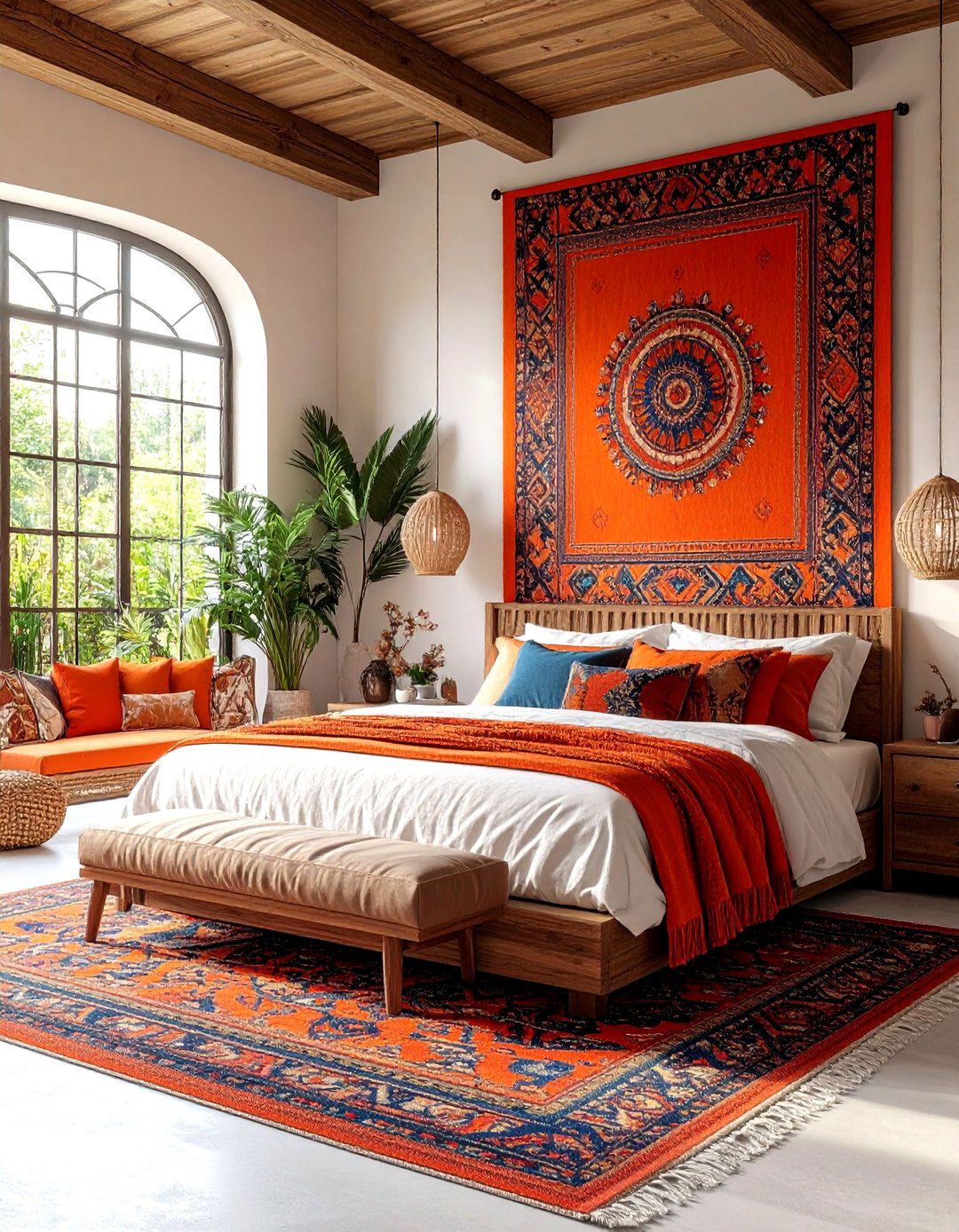 Boho Burnt Orange Bedroom with Tapestries and Global Textile Art - 20 Boho Burnt Orange Bedroom Ideas