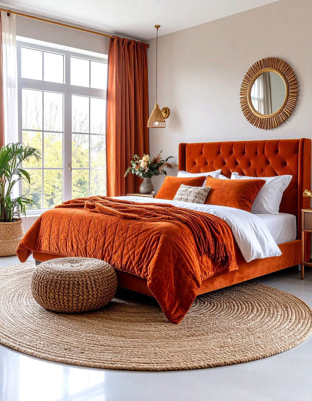 Boho Burnt Orange Bedroom with Velvet Textiles and Luxe Fabrics - 20 Boho Burnt Orange Bedroom Ideas