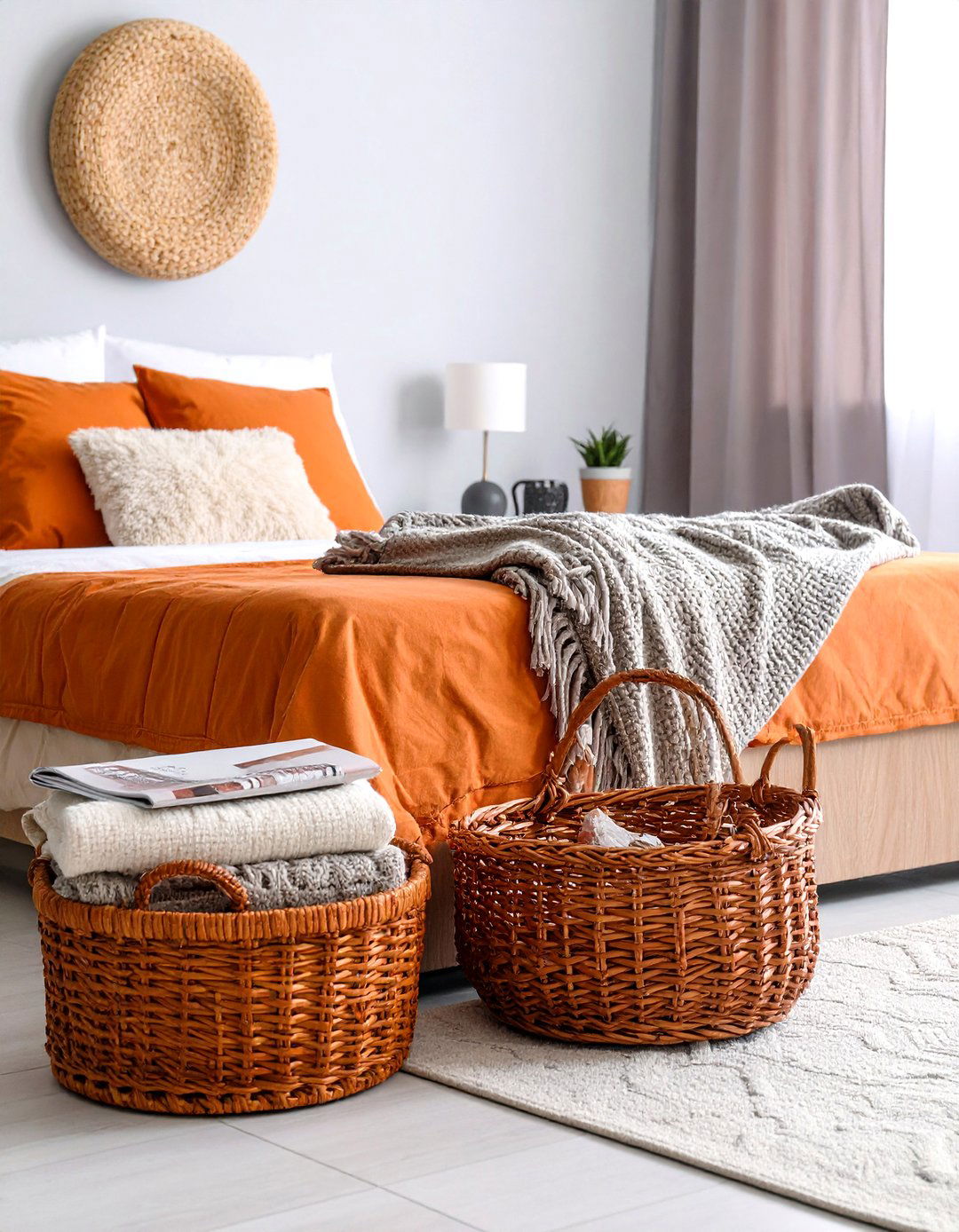 Boho Burnt Orange Bedroom with Woven Baskets and Natural Storage - 20 Boho Burnt Orange Bedroom Ideas