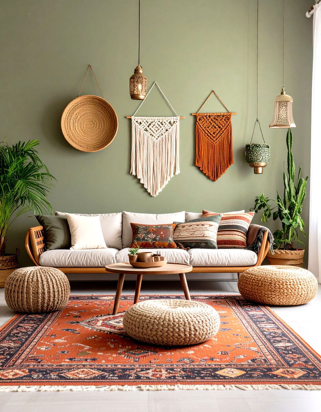 Boho Chic Green and Orange Living Room Using Layered Textiles - 20 Green and Orange Living Room Ideas