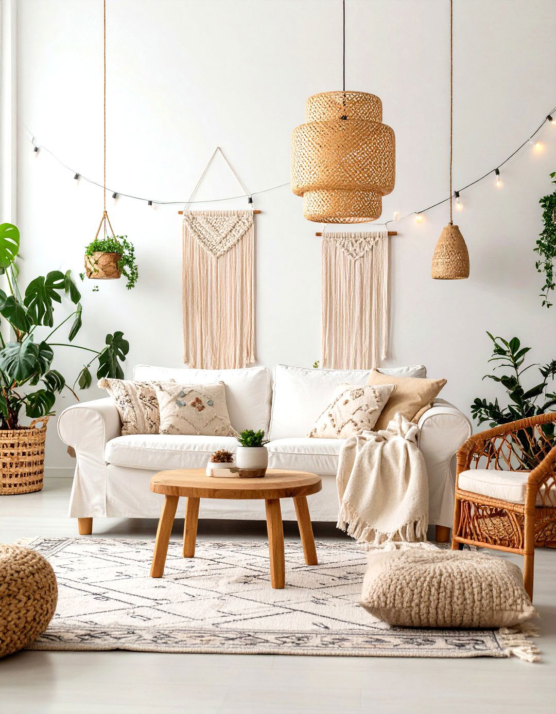 Boho Chic White Living Room with Global Textiles - 20 White Living Room Ideas