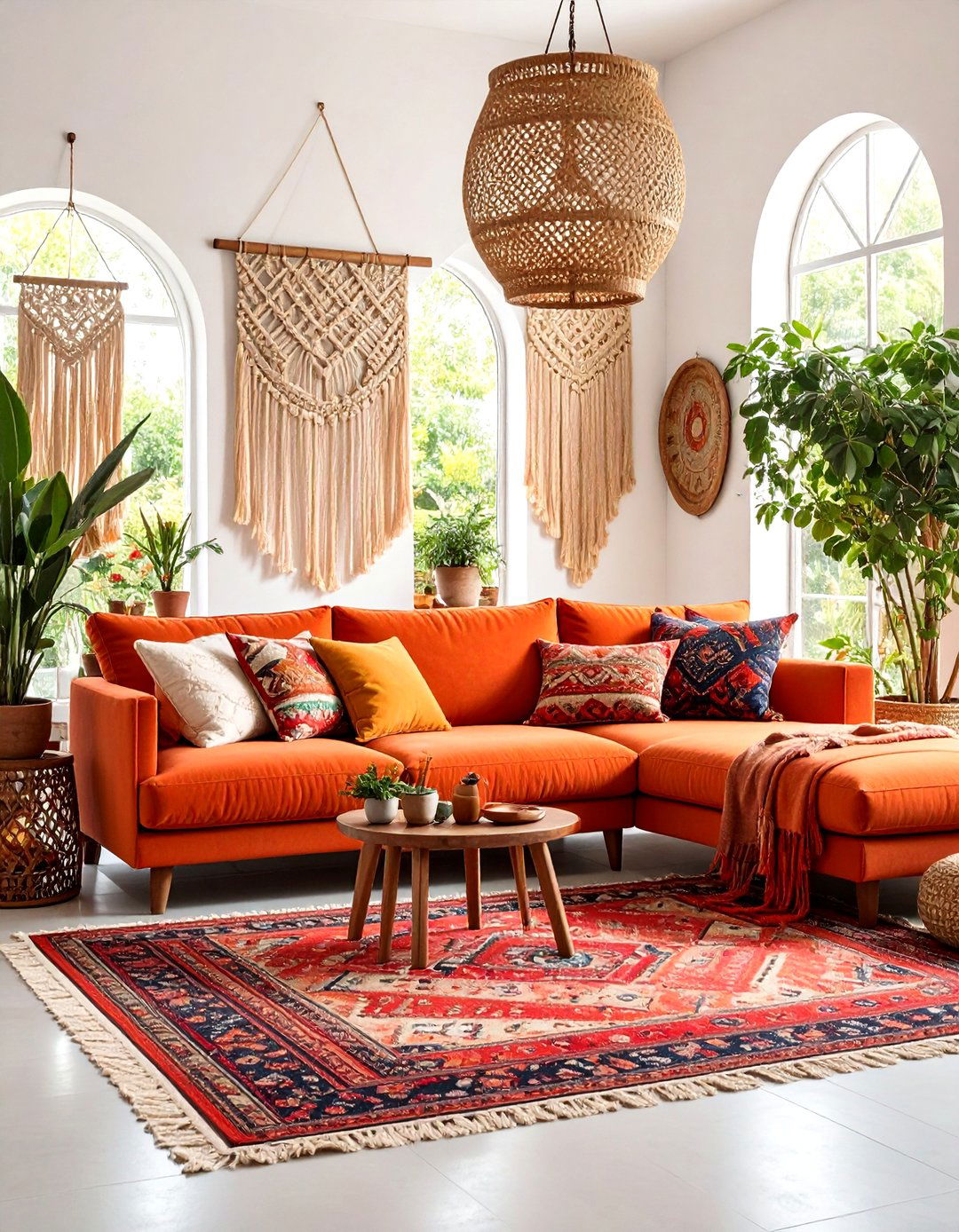 Boho Layered Burnt Orange Retreat - 20 Burnt Orange Living Room Ideas