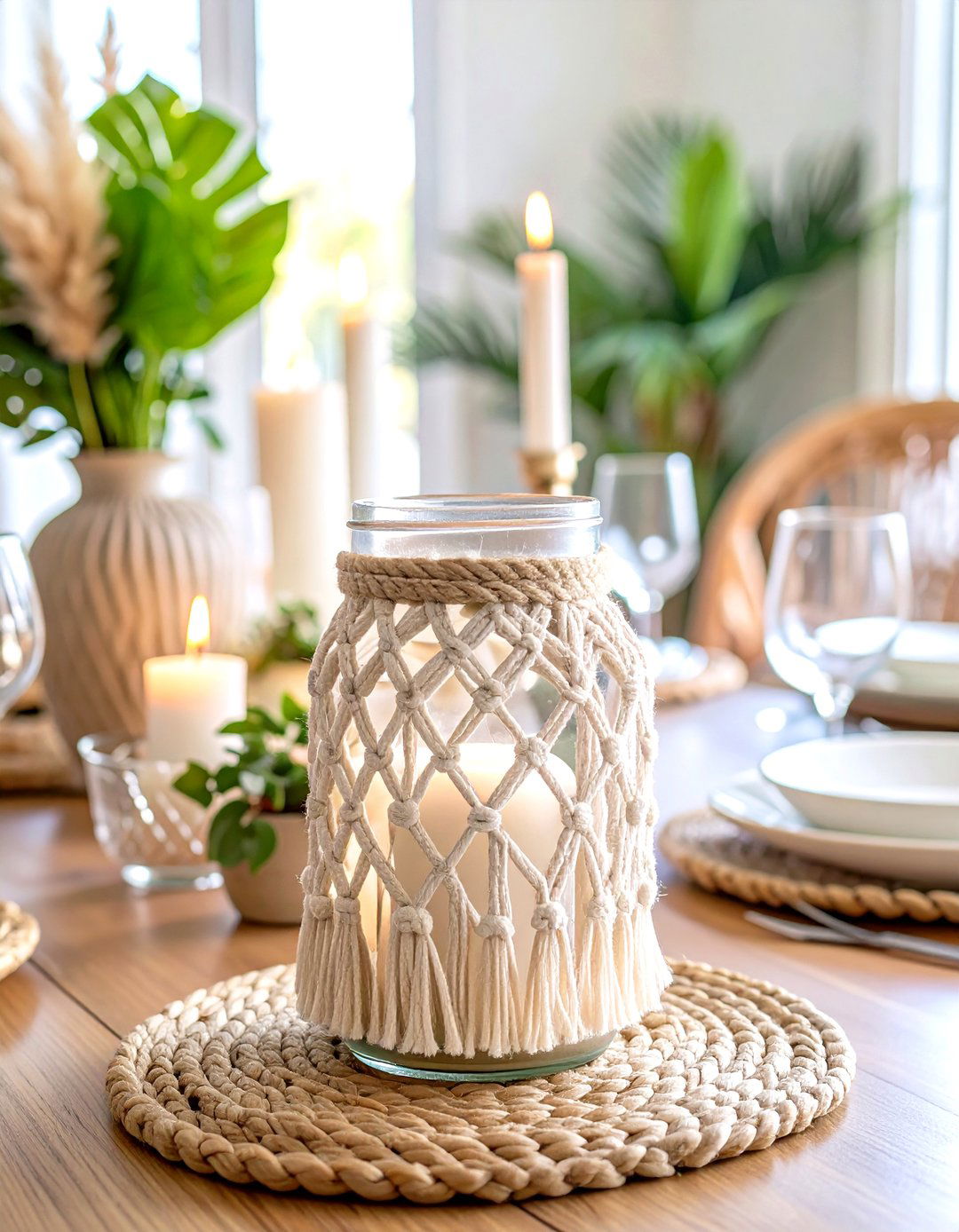 Boho Macrame Netted Mason Jar with Pampas Grass - 20 Mason Jar Wedding Centerpieces