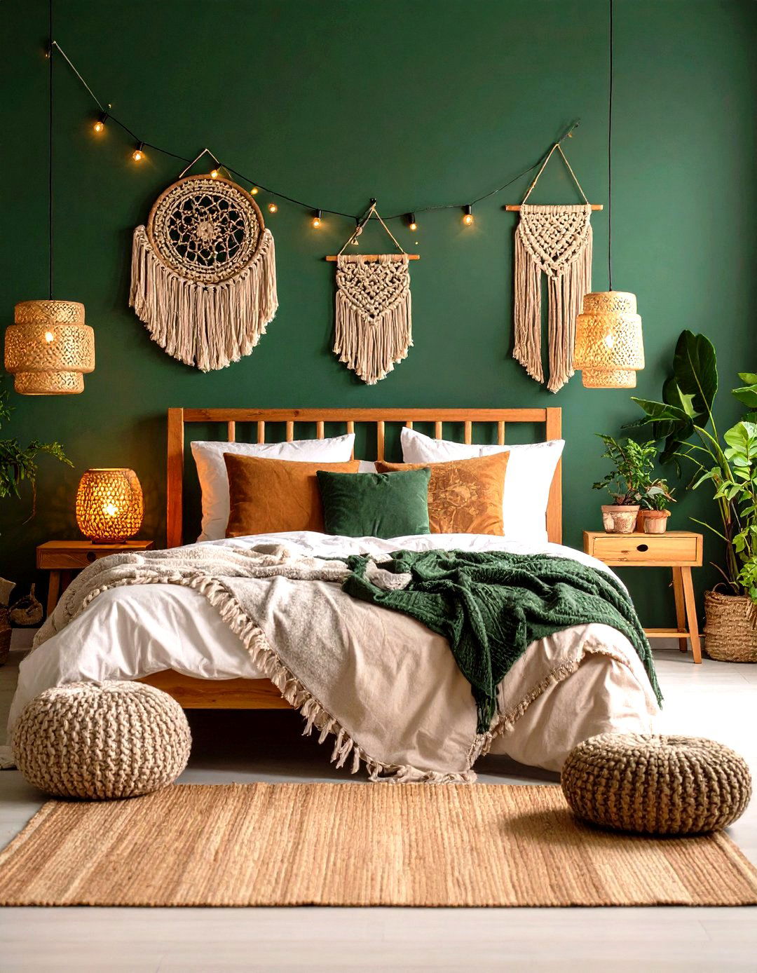 Boho Maximalist with Layered Greens - 20 Dark Green Bedroom Ideas