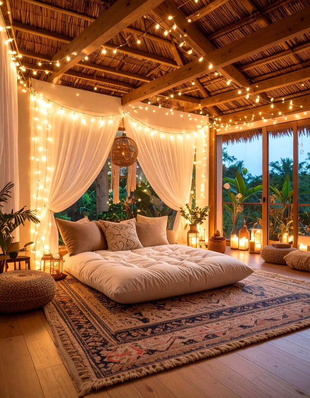 Boho Meditation Room String Light Canopies - 20 Boho Meditation Room Ideas
