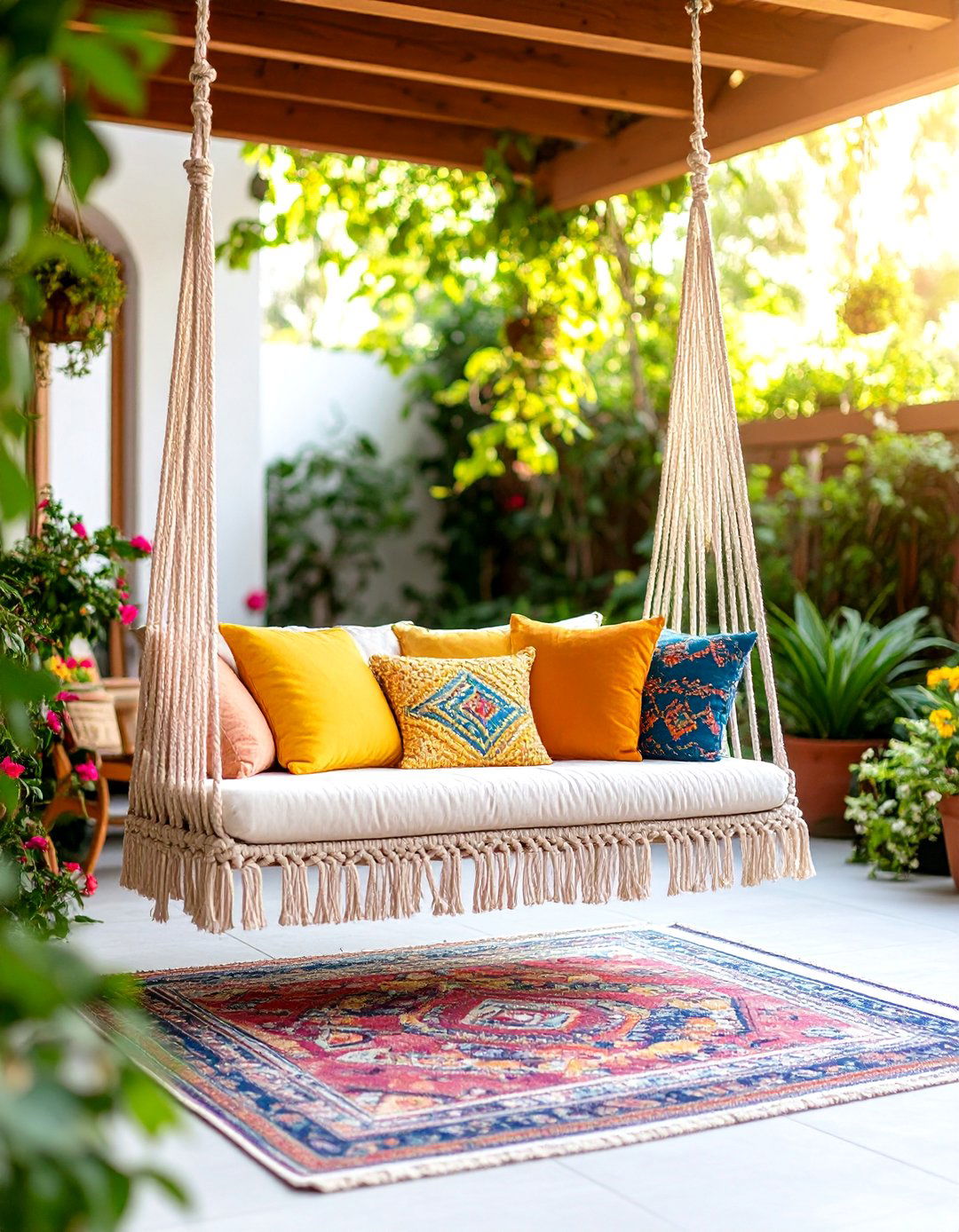 Boho Patio Natural Fiber Swing Installation - 20 Boho Patio Ideas