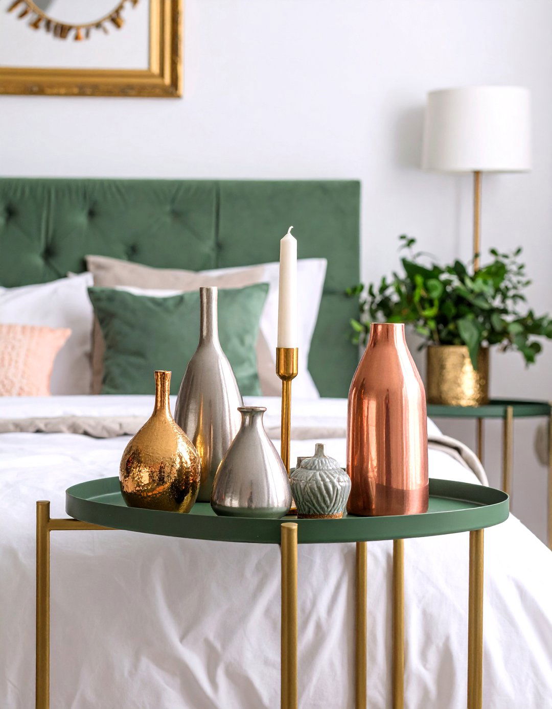 Boho Sage Green Bedroom Accessories with Metallic Accents - 20 Boho Sage Green Bedroom Ideas