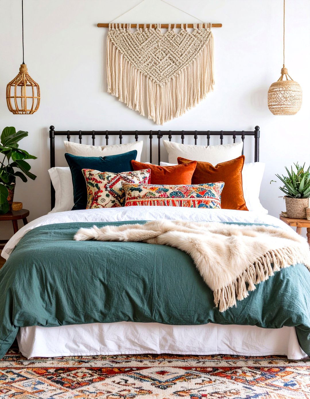 Boho Sage Green Bedroom Bedding with Layered Textiles - 20 Boho Sage Green Bedroom Ideas