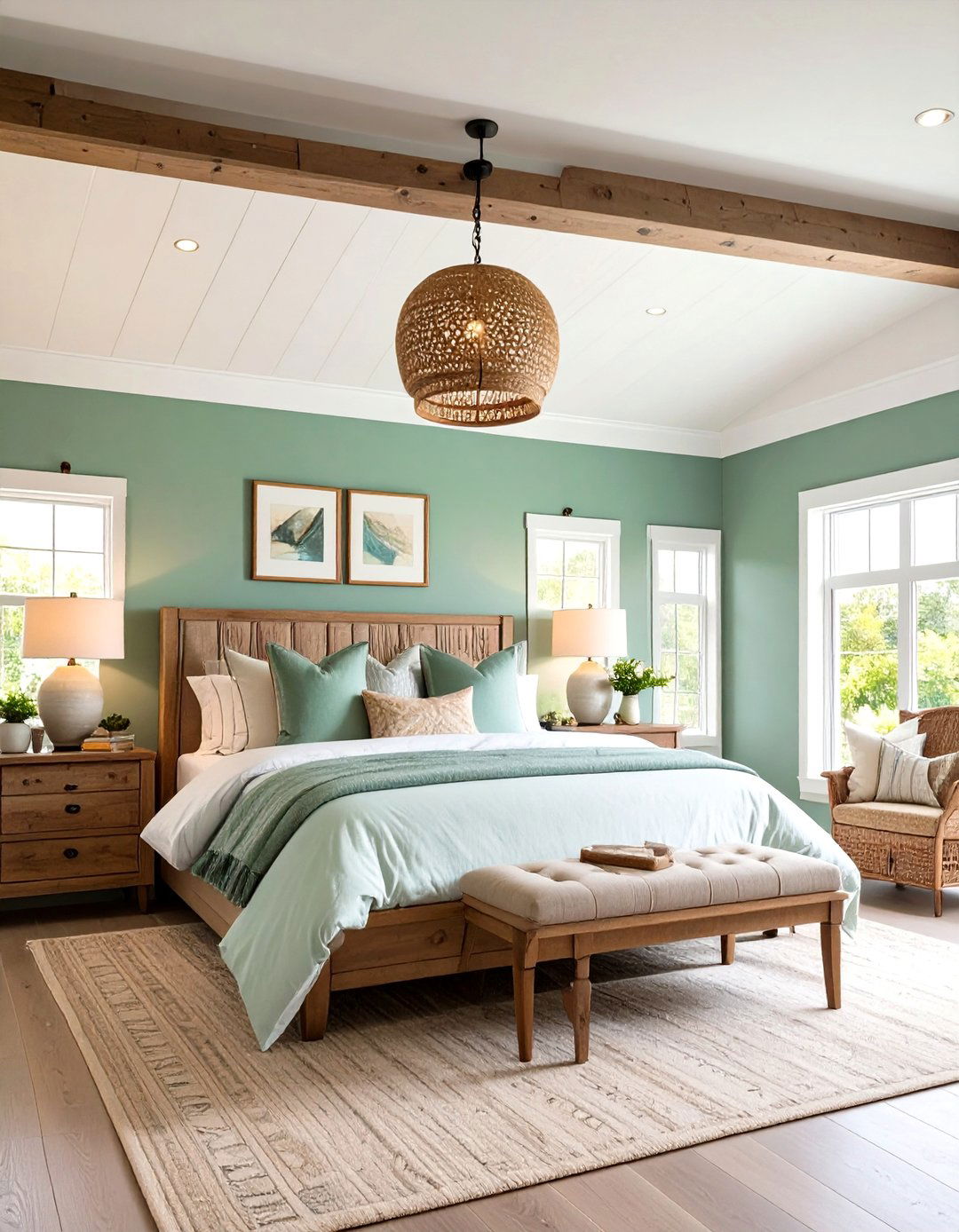 Boho Sage Green Bedroom Ceiling with Painted Drama - 20 Boho Sage Green Bedroom Ideas