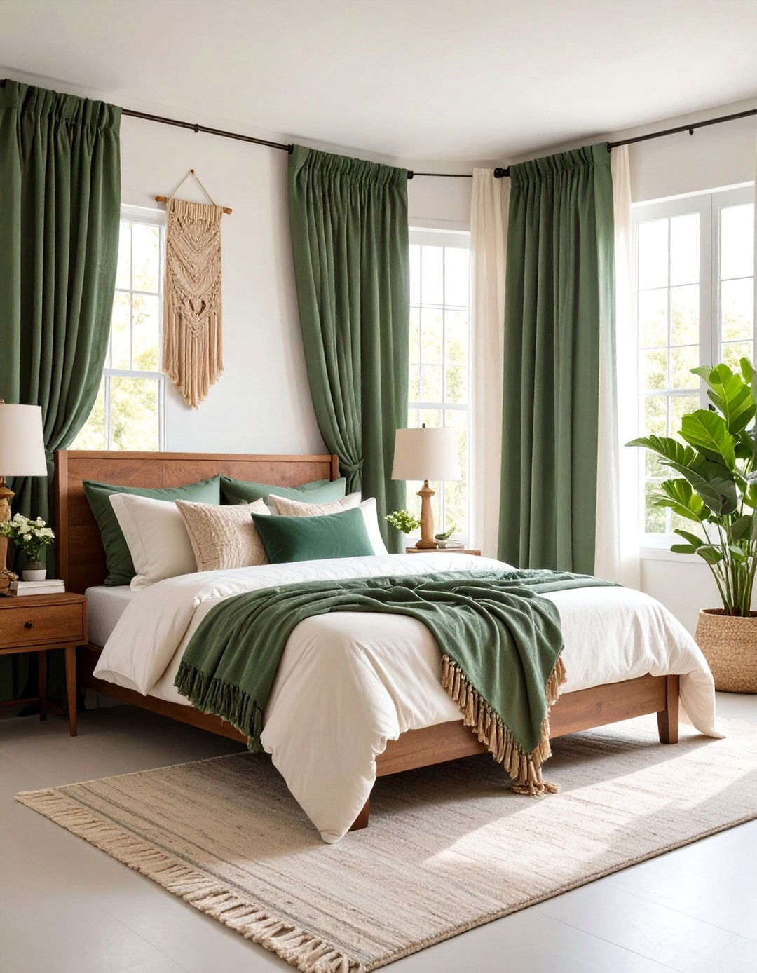 Boho Sage Green Bedroom Curtains with Natural Fiber Textures - 20 Boho Sage Green Bedroom Ideas