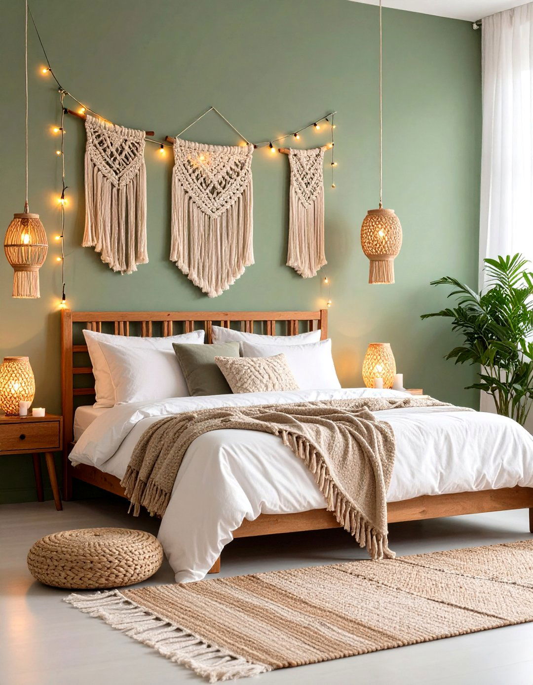 Boho Sage Green Bedroom Lighting with Ambient String Lights - 20 Boho Sage Green Bedroom Ideas