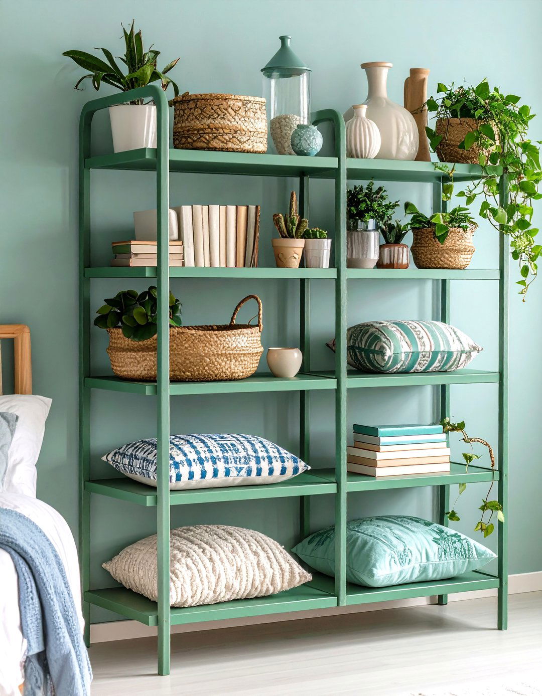 Boho Sage Green Bedroom Organization with Floating Shelves - 20 Boho Sage Green Bedroom Ideas