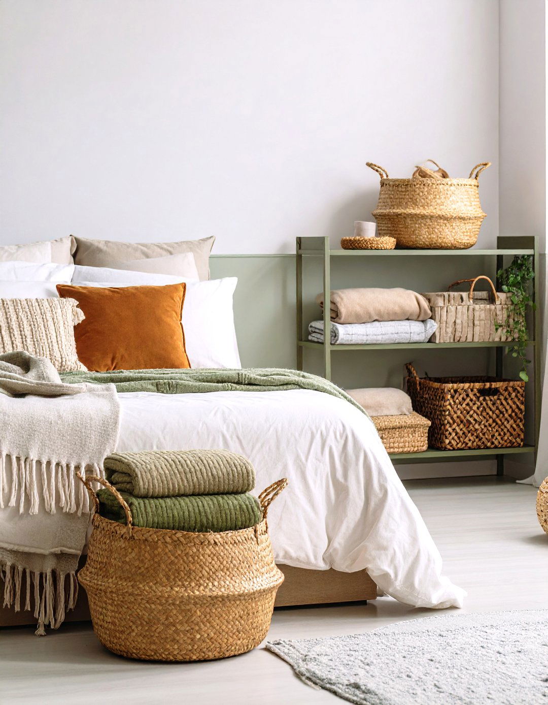 Boho Sage Green Bedroom Storage with Woven Baskets - 20 Boho Sage Green Bedroom Ideas