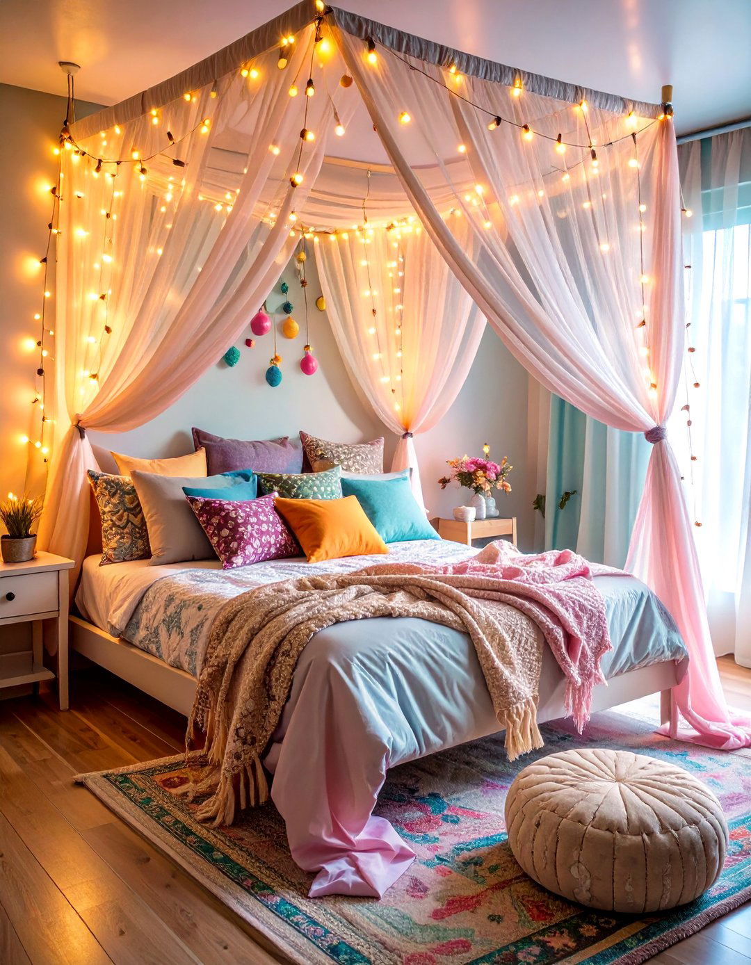 Boho Teen Bedroom Ideas with Fairy Light Canopy - 20 Boho Teen Bedroom Ideas