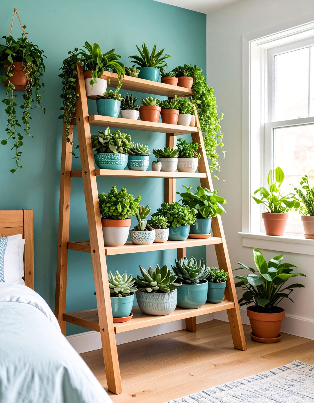 Boho Teen Bedroom Ideas with Vintage Ladder Plant Display - 20 Boho Teen Bedroom Ideas