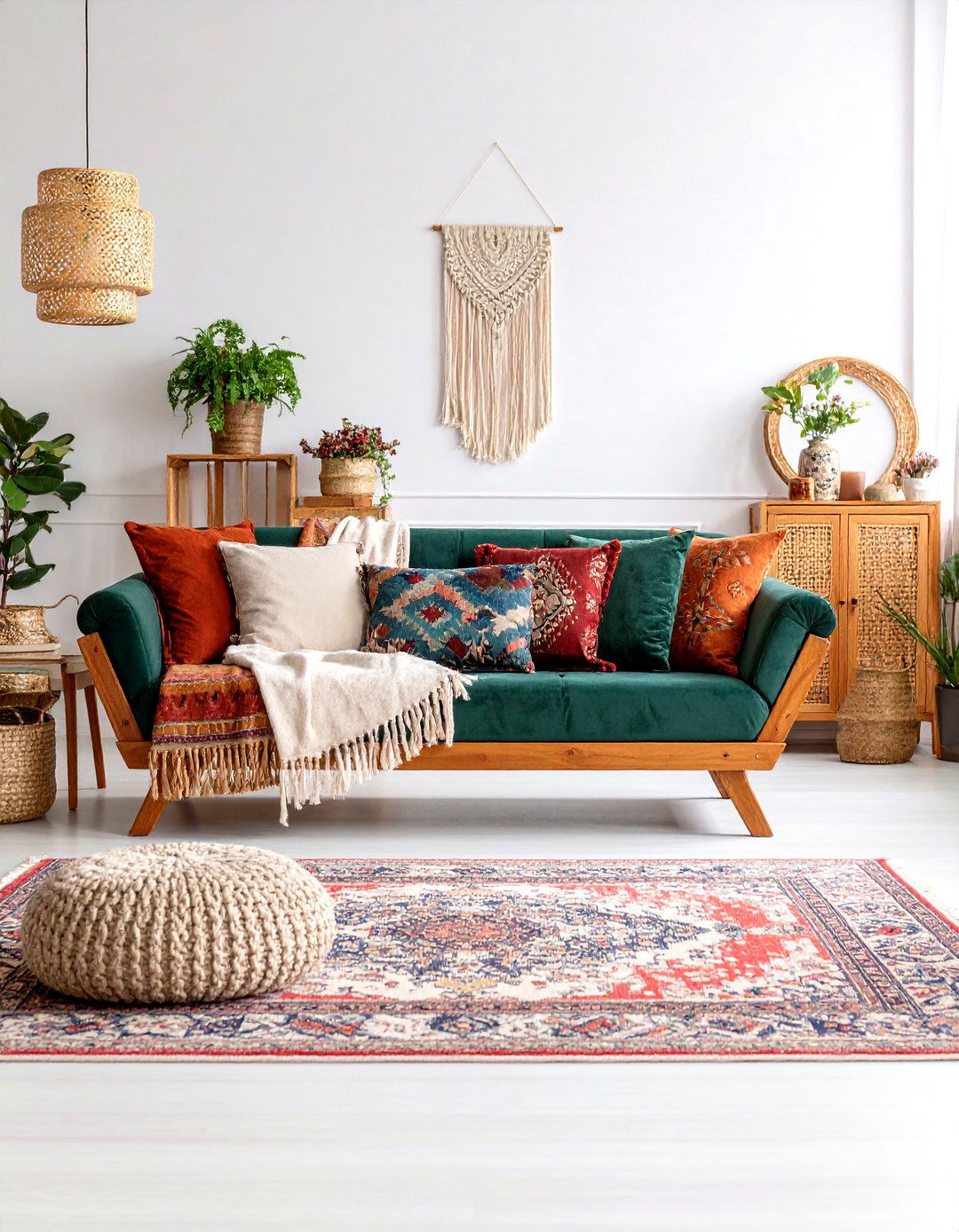 Boho Texture Mix with Global Accents - 20 Emerald Green Sofa Living Room Ideas