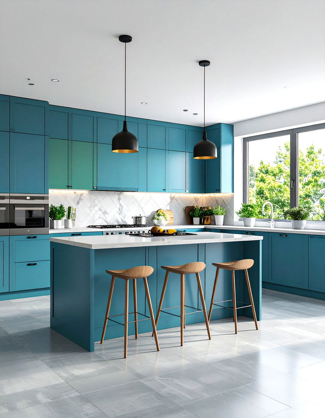 Bold Accent Color Kitchens With Grey Floors - 20 Kitchens With Grey Floors