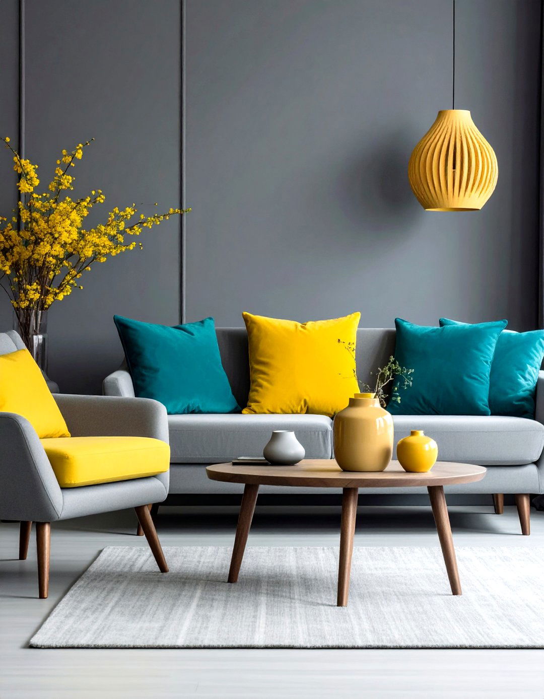 Bold Accent Colors to Energize a Grey Living Room - 20 Grey Living Room With Dark Wood Floors