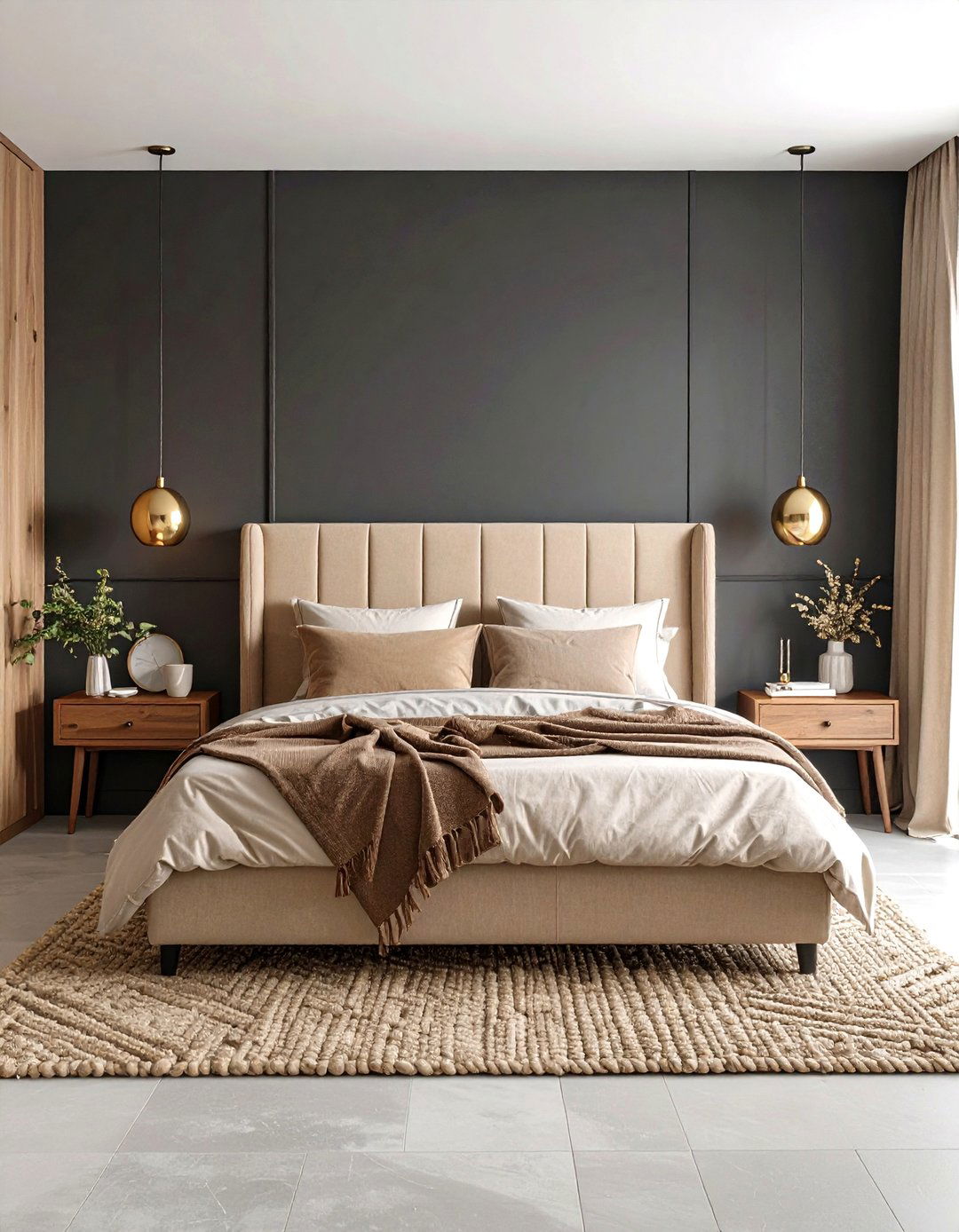 Bold Black Accent Wall Bedroom - 20 Black and Beige Bedroom Design Ideas